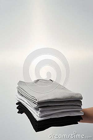 Comfort and easy wear. Male hand holding stack of multi colored t-shirts againtst grey background Stock Photo