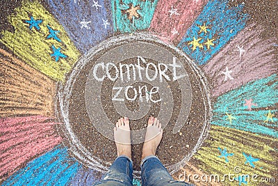 Comfort zone concept. Feet standing inside comfort zone circle. Stock Photo