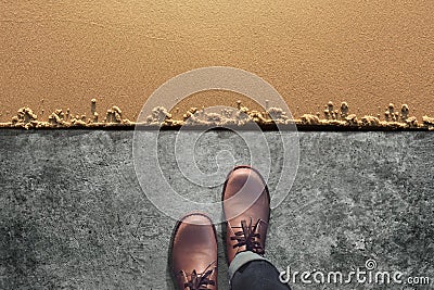 Comfort Zone Concept, Male with Leather Shoes Steps from Cement Stock Photo