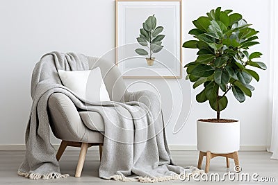 Comfortable armchair blanket houseplant and picture artwork. Generate Ai Stock Photo