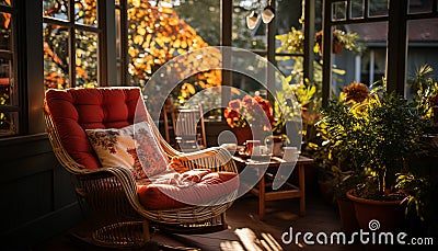 Comfortable armchair sits by window, surrounded by nature elegance generated by AI Stock Photo