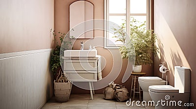 Comfortable bathroom with interior design in boho chic style, bathtub, vintage commode with mirror, wicker armchair Stock Photo