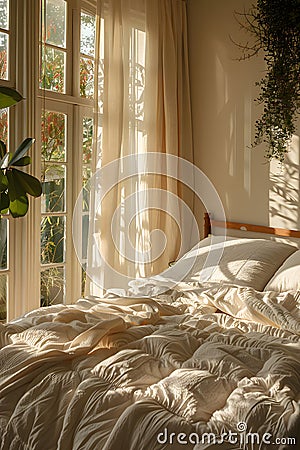 Comfortable bed with white sheets and pillows by a window in a bedroom Stock Photo