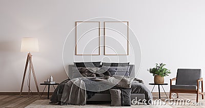 Comfortable bedroom with two wooden frame mockup design, dark bed on white wall background Stock Photo