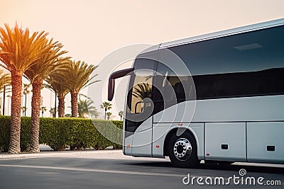 A comfortable bus awaits tourists at the airport. Generative ai Stock Photo