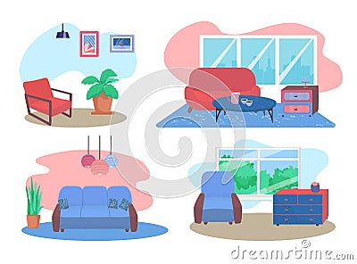 Comfortable couch relax living room furniture, design concept set lounge sitting room flat vector illustration, isolated Vector Illustration