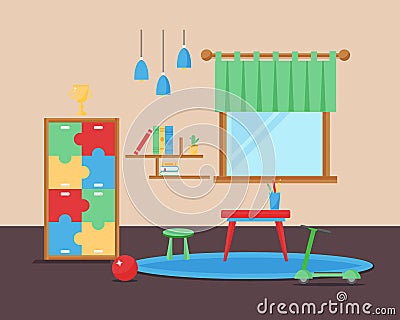 Comfortable cozy baby room decor children bedroom interior with furniture and toys vector. Vector Illustration