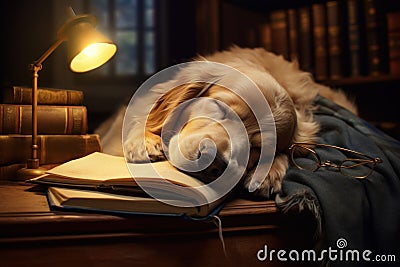 Comfortable Dog asleep reading. Generate Ai Stock Photo