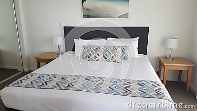 Comfortable double bedroom of my fantastic luxurious apartment at the Alpha Sovereign Resort, North Surfers Paradise, Qld, Aust Editorial Stock Photo