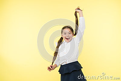 Comfortable and easy hairstyle. Deal with long hair hairstyle by yourself. Kid girl long ponytail hairstyle. Child Stock Photo