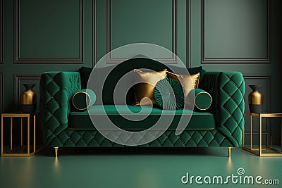 Comfortable emerald couch with pillows in a green living room with gold interior details Stock Photo