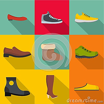 Comfortable footwear icons set, flat style Vector Illustration