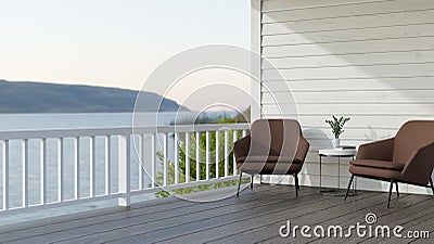 Comfortable home balcony exterior design with beautiful nature view, cozy brown armchairs Cartoon Illustration