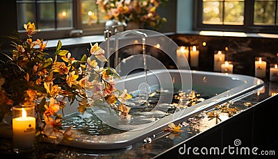 Comfortable home interior with candlelight, burning flame, and fresh greenery generated by AI Stock Photo