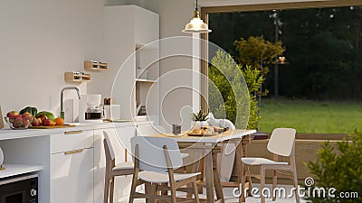 Comfortable home kitchen interior with modern cooking space and wood dining table Cartoon Illustration