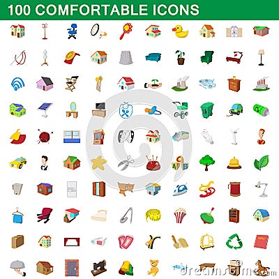 100 comfortable icons set, cartoon style Vector Illustration