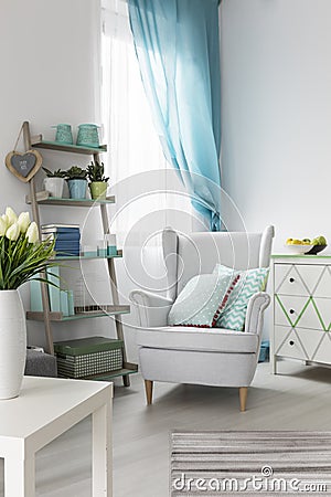 Comfortable living room interior with armchair and stylish shelf Stock Photo