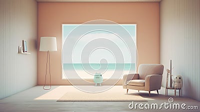 Generating AI illustration of pastel pink cushion chair and sea view Cartoon Illustration