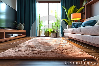 Comfortable living space features modern design, blue textiles, and brightness Stock Photo