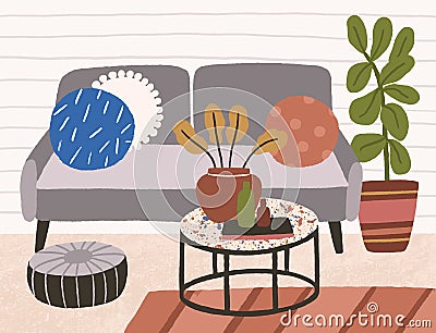 Comfortable lounge in scandinavian style with sofa, pouf, coffee table and houseplant. Cozy trendy living room interior Vector Illustration