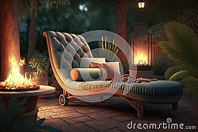 comfortable lounging chaise longue in spacious cozy backyard with burning fire Stock Photo