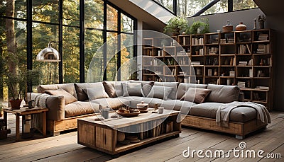 Comfortable modern living room with elegant decoration and rustic hardwood flooring generated by AI Stock Photo