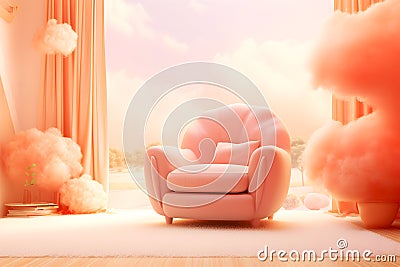 Comfortable peachy armchair with plush pillows in a peach fuzz fluffy room interior. Pastel-hued interior in pastel peach colors, Stock Photo