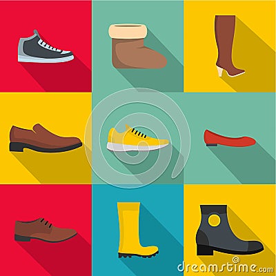 Comfortable shoes icons set, flat style Vector Illustration