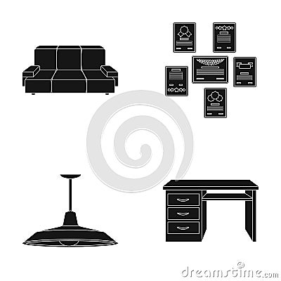 Comfortable sofa, letters and diplomas within the framework, an office ceiling lamp, a desk with drawers. Office Vector Illustration