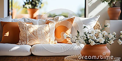 Comfortable sofa with orange and white decorative cushions and flowers in the interior of the bedroom. ia generative Stock Photo