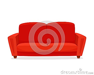 Comfortable sofa on white background. Isolated red couch lounge in interior. Vector Illustration