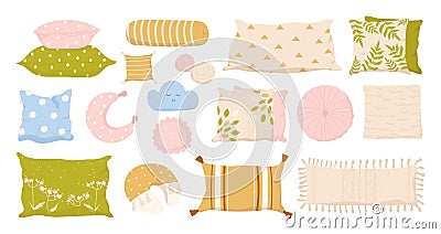 Comfy pillow and cushion set for sofa, bed and armchair, cute homey decor collection Vector Illustration