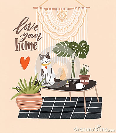 Comfy room with table, cat sitting on it, potted plants, home decorations and Love Your Home phrase written with cursive Vector Illustration