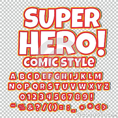 Comic alphabet set. Letters, numbers and figures for kids` illustrations, websites, comics, banners Vector Illustration