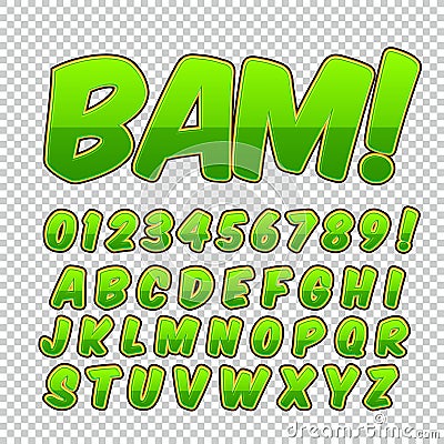 Comic alphabet set. Letters, numbers and figures for kids` illustrations websites comics banners. Vector Illustration