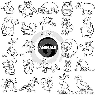 Comic animal characters large set color book page Vector Illustration