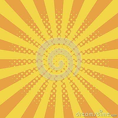 Comic background with halftone effect and sunburst. Comic book elements with dots and sunray. Yellow starburst abstract backdrop. Vector Illustration