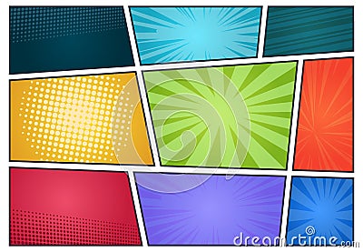 Comic book background. Pop art retro page style, halftone cartoon effect, comics frames cover. Vector comic radial Vector Illustration