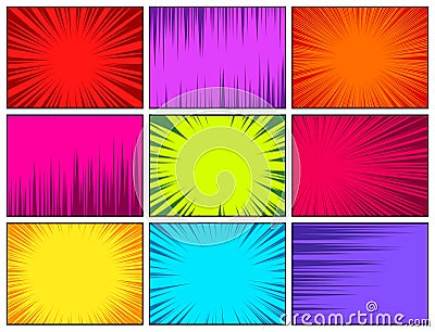 Comic book colorful radial lines collection. Cartoon comics background with motion, speed lines. Retro Pop Art style Vector Illustration