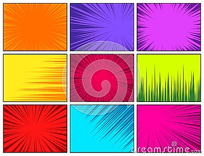 Comic book colorful radial lines collection. Cartoon comics background with motion, speed lines. Retro Pop Art style Vector Illustration