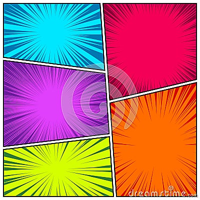 Comic book colorful radial lines collection. Cartoon comics background with motion, speed lines. Retro Pop Art style Vector Illustration