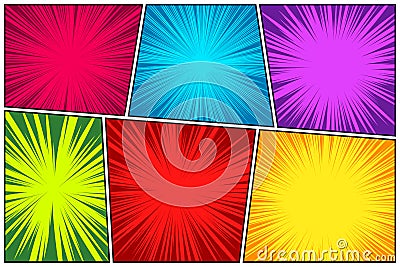 Comic book colorful radial lines collection. Cartoon comics background with motion, speed lines. Retro Pop Art style Vector Illustration