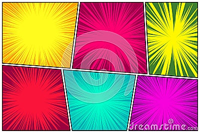 Comic book colorful radial lines collection. Cartoon comics background with motion, speed lines. Retro Pop Art style Vector Illustration