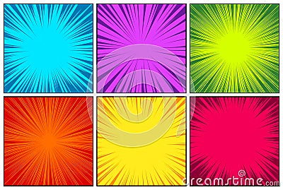 Comic book colorful radial lines collection. Cartoon comics background with motion, speed lines. Retro Pop Art style Vector Illustration