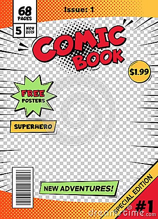 Comic book cover page template. Cartoon pop art comic book title poster, superhero comic book title page vector isolated Vector Illustration