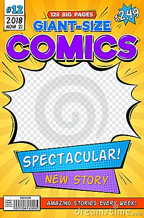 Comic book cover. Vintage comics magazine layout. Cartoon title page vector template Vector Illustration