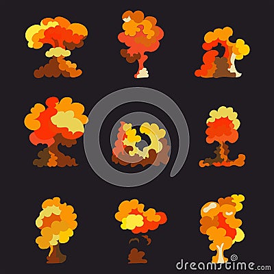 Comic book explosion effects with smoke, cartoon boom. Animation fire for game. Cartoon Illustration