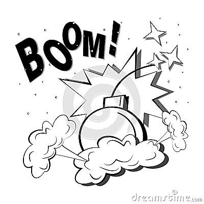 Comic book explosion with puffs of smoke, sparks, a bomb. Pop art illustration with a BOOM sound effect Vector Illustration