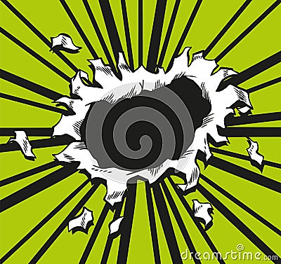 Comic book hole. Vector paper is torn through boom explosion. Circle hole in the middle on green background. Comics Vector Illustration