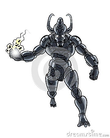 Comic book illustrated cosmic horned cyborg creature character Stock Photo